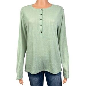 GH Bass Womens Large Light Green Shirt Top Textured Henley Long Sleeve T-Shirt